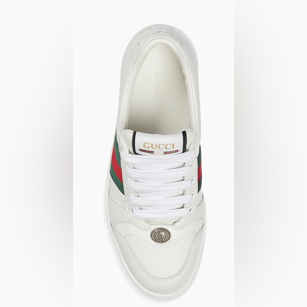Gucci White Leather Sneakers with Red and Green Accents